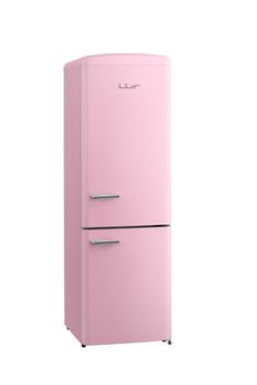 a pink refrigerator freezer sitting on top of a white wall