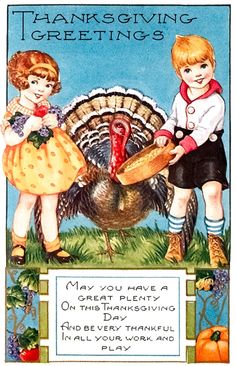 a thanksgiving card with two children and a turkey