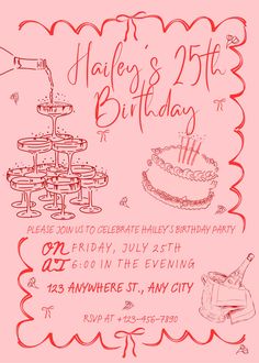 a pink birthday party flyer with cake and wine glasses on the table in front of it