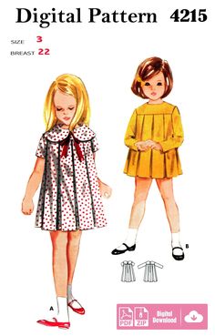 "Vintage sewing pattern from 1966 Dress with inverted pleats in front and back is caught onto high yoke with high scoop neckline or large Peter Pan collar and ribbon bow Short or full length sleeves. Size: All Sizes (2, 3, 4, 5, & 6) E-PATTERN :: download and print at home on US Letter or A4 size paper (20 tile pages + instructions). Also includes A0 paper size for copy shop printer/plotter.  All pattern pieces are at full scale. INSTANT DIGITAL DOWNLOAD- ZIP & PDF FILE FORMAT When you purchase Vintage Sewing Patterns Child, Clothes Sewing Patterns Kids, Children's Dresses, Sewing Patterns Girls, Trendy Sewing, Vintage Dress Patterns, Butterick Sewing Pattern, Sewing Patterns For Kids, Motif Vintage