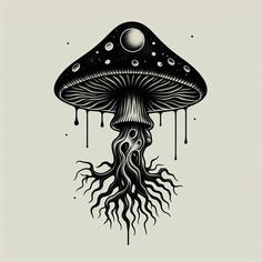 a black and white drawing of a mushroom with its roots growing out of it's head