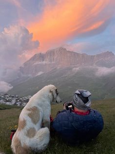 a dog sitting on top of a grass covered field next to a person wearing a helmet