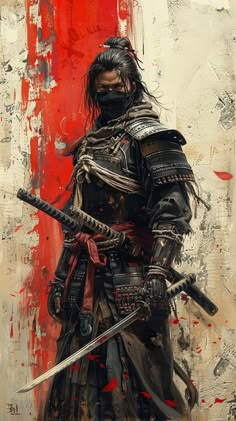 a painting of a man in armor holding two swords and wearing a black helmet with red paint splatters on it