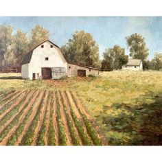 an oil painting of a farm with a barn in the background and rows of crops