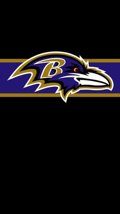 the baltimore ravens logo is shown on a black background with gold and purple stripes around it