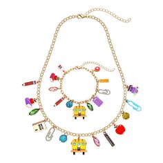 PRICES MAY VARY. School Themed Pendant Jewelry Set--The back-to-school jewelry set include colorful enamel charm pendant necklace and a charms bracelet.Add some sparkle to your teacher outfits with these school-themed necklace bracelet accessories like pencils,school bus, crayons,books,crystal,Paper clip,and more on jewelry set. Fun Necklace Bracelet--These enamel charms is so funny,suitable for teachers to wear in class. There is one teacher that goes that extra mile,makes lessons a laugh and s Teacher Jewelry Gifts, Teacher Bracelet, Teacher Jewelry, Teachers Necklace, Teacher Accessories, Necklace Gold Chain, School Jewelry, Bracelet Accessories, Pendant Necklace Gold