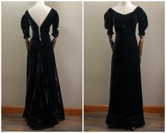 This is a gorgeous 30s black velvet evening gown. It has a white scoop neckline with densely ruched trim. In the back the neckline drops into a plunging V that hits the small of the back. The dress buttons up the center back with iridescent buttons that are more modern replacements. It has slight puff short sleeves with a swirl detail on the side and matching trim to the neckline. In the front the dress has an empire waist seam and the skirt falls in an A-line to the floor. The skirt has a slight train in the back and two bands of ruched trim at the hem. The trim really gives this dress a Renaissance feel while still being rooted in art deco design. The dress is unlined and there is no tag.  Condition: The dress is in great condition with only two things to note. One is, again the buttons Velvet Evening Gown, Velvet Evening Dress, Dress Buttons, Fall Skirts, Button Dress, Dress Clothes For Women, Empire Waist, Evening Gown, Scoop Neckline