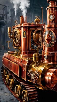 a painting of a steam engine with clocks on it