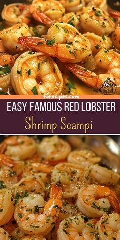 shrimp with herbs and seasoning in a skillet on the side, and an image of