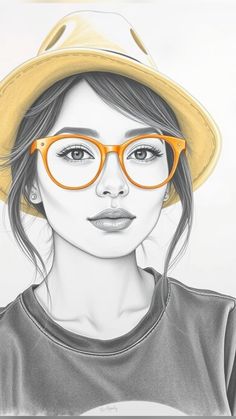 a drawing of a woman wearing glasses and a yellow hat with orange rimmed glasses