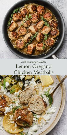 lemon oregano chicken meatballs in a skillet on top of a white plate