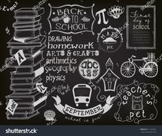 back to school chalkboard with various items for drawing and lettering on it, including books