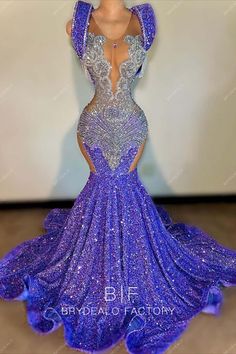 Chic Purple Sequin Sleeveless Mermaid Prom Dress. Illusion plunging neckline, fitted and flared skirt with a chapel train and horsehair hemline. #prominspiration #2024 Silver And Purple Prom Dress, Purple And Blue Prom Dress, Fitted Purple Dress With Detachable Train, Purple Fishtail Formal Evening Dress, Purple Evening Dress For Pageant And Prom Season, Purple Evening Dress For Pageant During Prom Season, Glamorous Purple Evening Dress With Sweep Train, Purple Evening Dress For Prom Season And Pageants, Fitted Purple Gown For Pageant