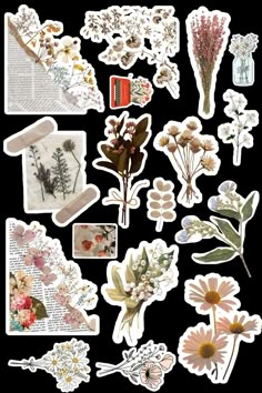 various stickers with flowers and leaves on them, all arranged in different shapes and sizes