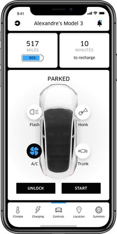 the app shows an image of a car with its hood open and parking information displayed on it