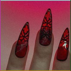 Nail Gothic Ideas, Black Red Nail Art, Gothic Spring Nails, Black And Red Stiletto Nails, Satanic Nails, Cathedral Nails, Gothic Nail Ideas, Red And Black Nail Art