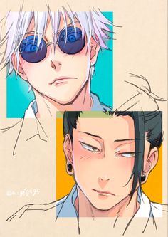 two anime characters with different colored hair and blue eyes, one is wearing round sunglasses