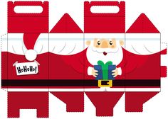 an open box with santa claus holding a present in it's hands and standing on the side