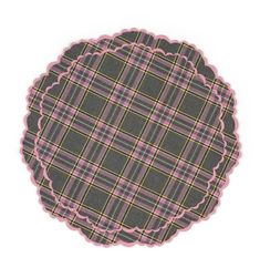 a pink and black plaid pattern with scalloped edges on a white background is shown