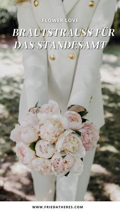 a person in a white suit with flowers on their lapel and the words flower love brautstrauss fur das standesamt