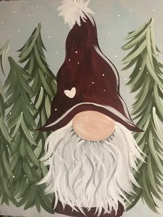 a painting of a gnome with white hair and beard wearing a red hat surrounded by pine trees