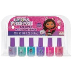 Dimensions: 2.13" x 1.88" Color: Purple, Green, Pink & Blue Care & Safety: Not To Be Consumed; Non-Toxic Quantity: 6 Scented Nail Polishes Set Includes: 1 - Mango Scented Nail Polish 1 - Watermelon Scented Nail Polish 1 - Mint Scented Nail Polish 1 - Grape Scented Nail Polish 1 - Raspberry Scented Nail Polish 1 - Strawberry Scented Nail Polish Show off your style with the help of these Gabby's Dollhouse Nail Polishes. These scented nail polishes feature different characters from Gabby's Dollhous Kids Manicure Ideas, Kids Manicure, Gabby Dollhouse, Manicure Ideas, Nail Polish Sets, Nail Polishes, Hobby Lobby, Purple Green, Color Purple