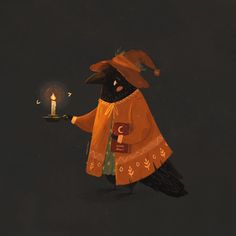 a painting of a person holding a lit candle and wearing an orange outfit with leaves on it