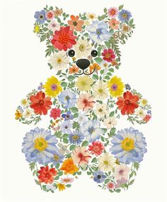 an image of a bear with flowers on it's chest and eyes painted in watercolor