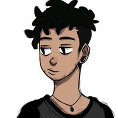 a drawing of a man with black hair and piercings on his ears, looking at the