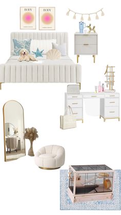 a white bedroom with gold accents and accessories on the floor, including a bed, dresser, mirror, chair, table, rug and other items