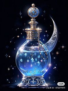 a blue glass vase with a crescent and stars in the sky behind it on a black background