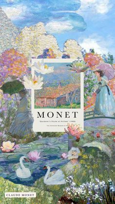 the cover of monet, featuring an image of a woman in a blue dress and swans