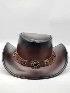 Genuine Leather Cowboy Hats Material: Soft Cowhide Leather Brown Leather Fedora Hat, Vintage Leather Brimmed Hat, Vintage Brown Leather Brimmed Hat, Brown Leather Wide Brim Hat, Adjustable Vintage Leather Hat, Brown Leather Brimmed Fedora, Brown Leather Hat With Short Brim, Brown Leather Fedora For Rodeo, Brown Leather Top Hat For Rodeo