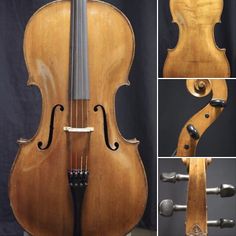 four different views of an old violin, including the back and side of the cello