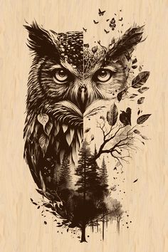 an owl with trees and leaves on it's face is shown in black ink