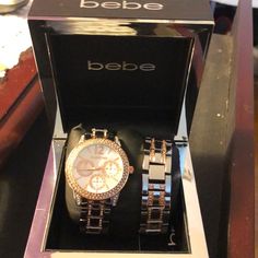 New Bebe Watch With Bracelet!! Never Worn!! Snake Skin Boots, Pretty Watches, Black Leather Watch, Crystal Watches, Rose Gold Watch, Silver Rhinestone, Pandora Bracelet, Michael Kors Watch, Gold Watch