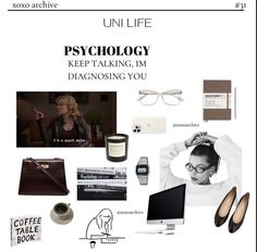 an advertisement for the uni life book, featuring various items including a woman's head