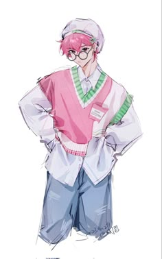 a drawing of a person with pink hair wearing glasses and a sweater over his shoulders