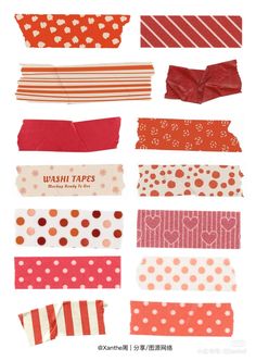 different types of washi tapes are shown in various colors and sizes, including red, white