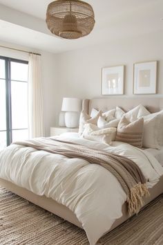 Cozy bedroom with beige tones, a cushioned headboard, multiple pillows, a knitted throw blanket, and framed pictures above the bed. Neutral Bedroom Aesthetic, Nuetral Bedroom, Neutral Bedroom Decor Ideas, Bedroom Aesthetic Ideas, Cozy Neutral Bedroom, Neutral Bedroom Ideas