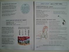 an open book with instructions on how to sew and test bras in it