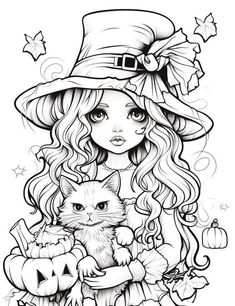 a girl in a witches hat holding a cat and pumpkins with leaves around her