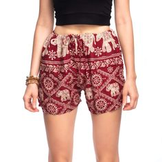 MANDALAY SHORTS Elepanta Women's Shorts - Buy Today Elephant Pants Jewelry And Bohemian Clothes Handmade In Thailand Help To Save The Elephants FairTrade And Vegan Bohemian Red Shorts, Cotton Red Shorts For Festival, Red Cotton Festival Shorts, Red Cotton Shorts For Festivals, Elephant Shorts, Thailand Elephants, Symbol Of Luck, Old Symbols, Elephant Pants