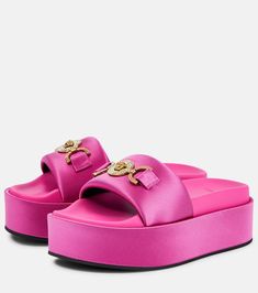 Medusa Biggie Satin Platform Sandals in Pink - Versace | Mytheresa Versace Ss23, Pink Versace, Versace Women, Versace Pink, Pink Paradise, Strappy Pumps, Pink Platforms, Versace Shoes, Black Platform Heels