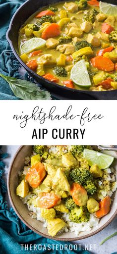 two pictures showing different types of food in the same bowl, with text overlay that reads nightshade - free air curry