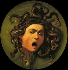 a painting of a woman's head with snakes around her neck and mouth, on a green background