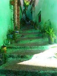 an alleyway with green painted steps and potted plants on either side, leading up to the second floor