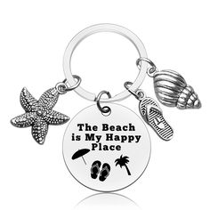 the beach is my happy place keychain with starfish and flip flops