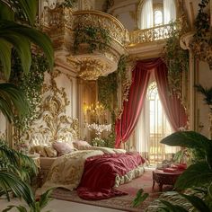 an ornate bedroom decorated in gold and red with lots of greenery on the walls