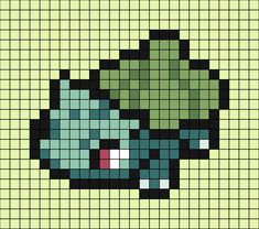 A pixel art template of Bulbasaur from Pokémon. Bulbasaur Cross Stitch Pattern, Pokemon Grid Pattern, Pixel Art Pattern 32x32 Grid Easy, Bulbasaur Cross Stitch, Pokemon Perler Bead Patterns, Safety Pin Art, Pokemon Pixel Art, Melty Bead Designs, Kawaii Cross Stitch